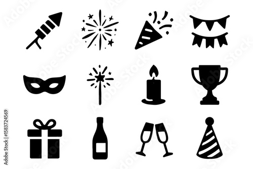 Celebration icon set: party, festive, and holiday symbols in silhouette design