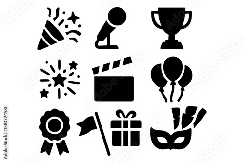 Celebration icons: party, award, and festive symbol set in black silhouette style