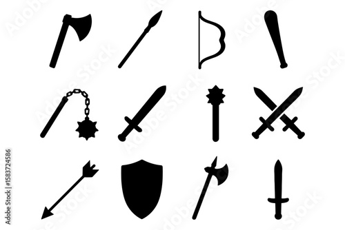 Medieval silhouette weapons collection featuring swords, axes, and more