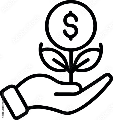 A stylized coin with dollar sign grows from hand showing financial growth