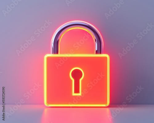 A glowing neon padlock in vibrant pink and orange hues symbolizes security and protection against a soft gradient background.