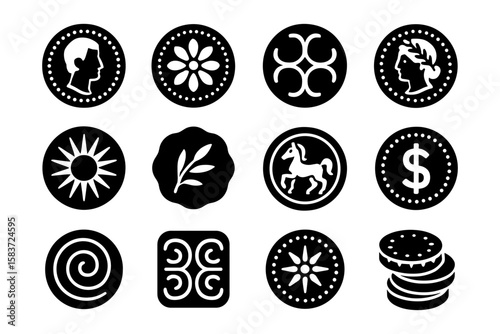 Assorted black silhouette coin designs with historical and symbolic motifs