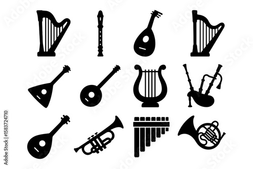 Silhouette collection of musical instruments featuring harp, lute, and trumpet