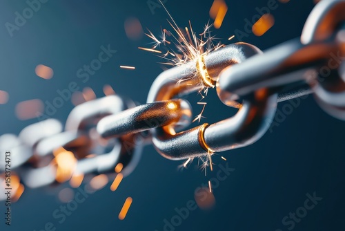 Close-up of a metal chain link sparking and starting to break under tension, symbolizing strength, pressure, and breaking points.