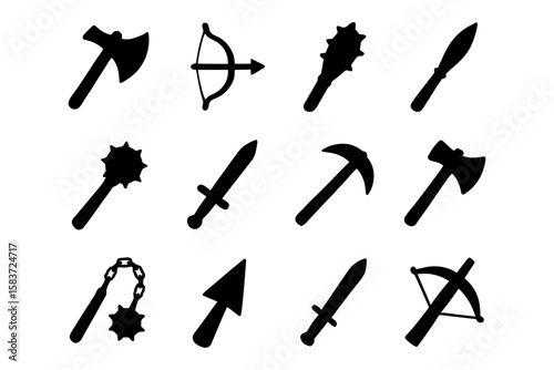 Silhouette collection of medieval weapons: axes, swords, maces, and bows