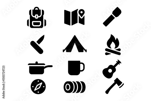 Camping essentials icons set: backpack, map, flashlight, knife, tent, campfire, cooking pot, mug, compass, sleeping bag, guitar, axe