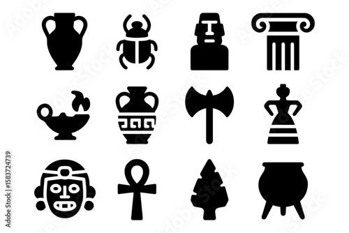 Ancient civilization icons collection featuring artifacts and symbols