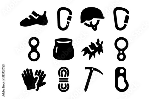 Silhouette icons of rock climbing gear and equipment essentials
