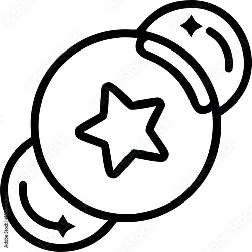 Black outline drawing presents planet and two moons with star symbol inside