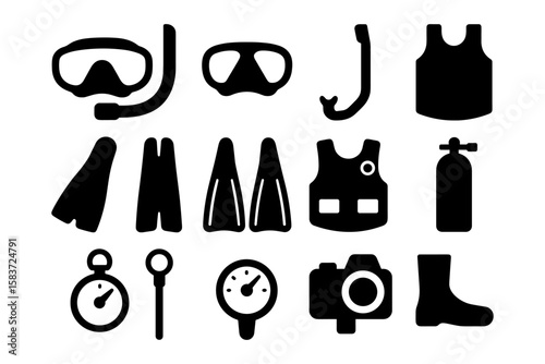 Silhouette scuba diving gear collection: masks, fins, snorkels, and more essentials