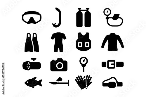 Diving gear icons set: snorkeling, scuba, and underwater equipment in black silhouette style