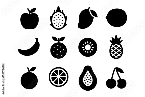 Fruit icons: bold silhouette set of diverse tropical and citrus fruits