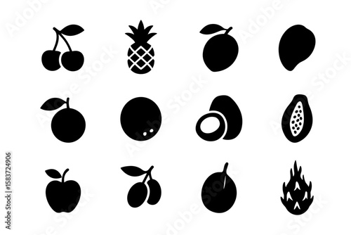 Fruit silhouette icons: diverse black symbols of popular fruits