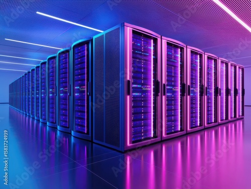 A futuristic data center with rows of illuminated server racks glowing in blue and purple neon lights.