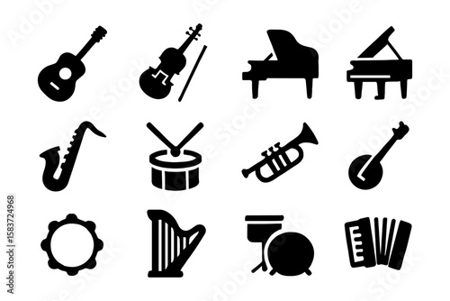 Silhouette icons of musical instruments: guitar, violin, piano, saxophone, drums, trumpet, banjo, harp, accordion