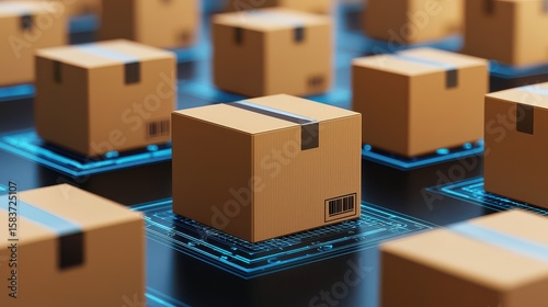 Cardboard boxes arranged systematically on a digital, circuit-like platform symbolizing smart logistics and automated packaging technology.