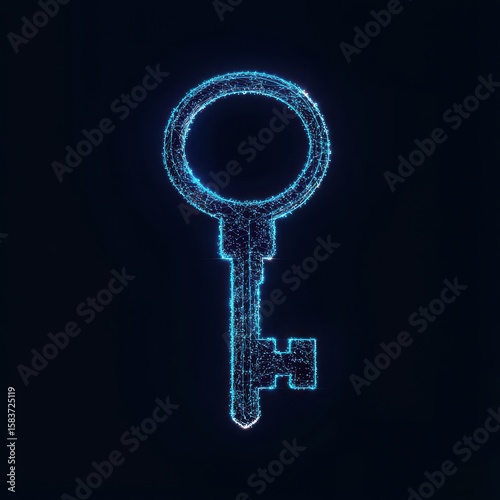 Digital glowing key composed of interconnected blue particles on a dark background, symbolizing security, access, or encryption.