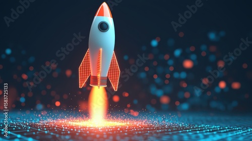 A stylized rocket launches upward over a digital grid with glowing particles, symbolizing innovation and futuristic technology.