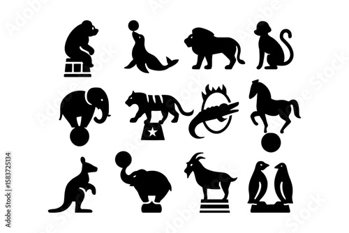 Circus animal silhouettes featuring lions, seals, and elephants in playful poses