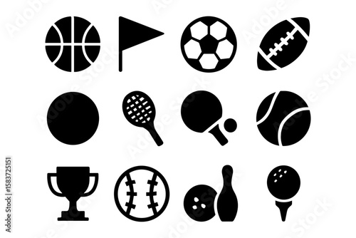 Silhouette icons of various sports equipment for competitive and recreational games