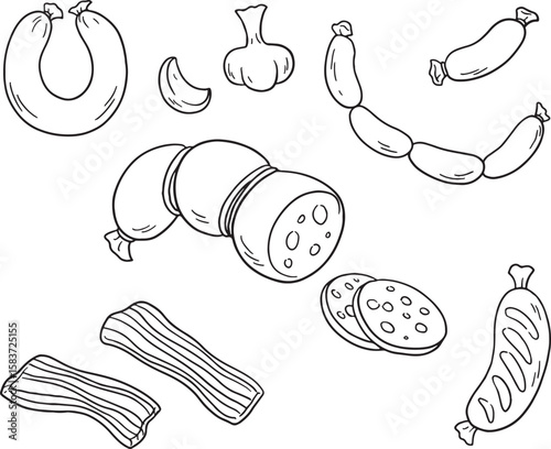 Hand-drawn vector illustration set featuring various whole and sliced sausages. Ideal for butcher shops, deli menus, or any food-related projects needing a diverse selection of processed meats.