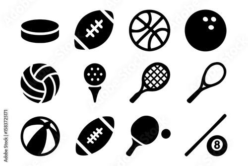 Black silhouette icons of popular sports equipment on white background