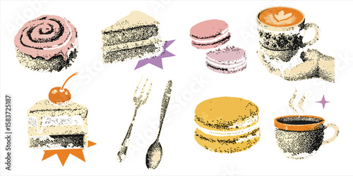 Retro Coffee and Dessert Clipart Set Vintage Vector Illustrations of Macarons, Cake Slices, Cinnamon Roll, Mugs and Utensils in Halftone Cutout Sty, Modern retro vector illustration for mixed media.