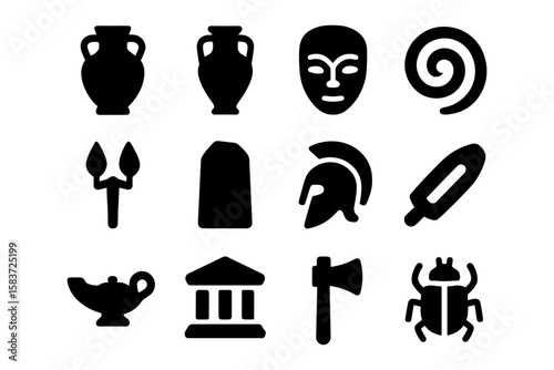 Ancient greek icons: silhouette collection of mythology and history symbols