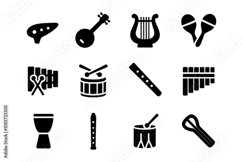 Silhouette icons of musical instruments: guitar, flute, drum, harp, more
