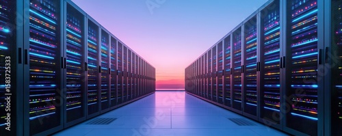 A futuristic data center with rows of illuminated server racks under a vibrant sunset sky.