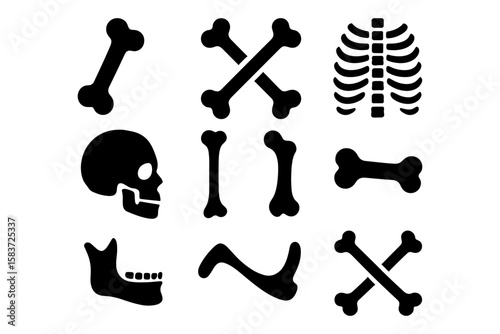 Silhouette bone collection: skull, ribcage, and crossbones design elements
