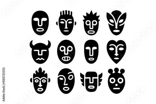 Tribal mask collection: bold black silhouette faces with unique designs