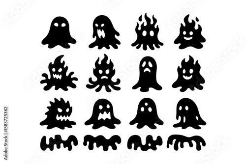 Spooky silhouette cartoon ghost collection with unique expressions
