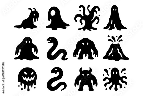 Silhouette monster icons: creepy collection of slime and creature designs