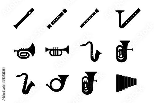 Silhouette musical instruments icons set featuring trumpet, saxophone, flute