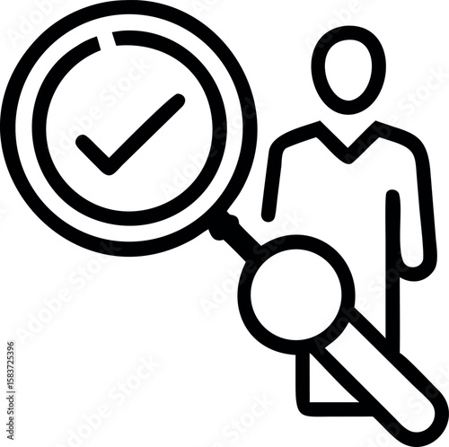 Person being inspected with a magnifying glass revealing a checkmark, shown as a vector