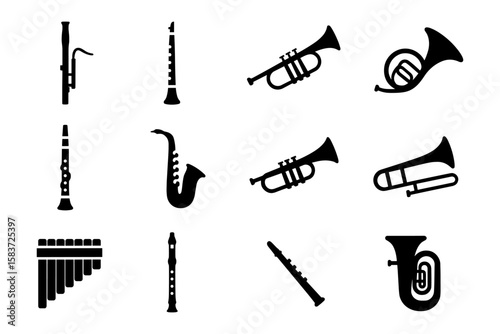 Musical instrument silhouettes: saxophone, trumpet, clarinet, french horn, trombone, tuba