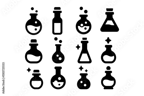 Black and white science laboratory icons set with chemical flasks
