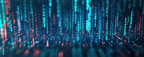 A futuristic digital landscape featuring cascading blue and red binary code and data streams in a virtual environment.