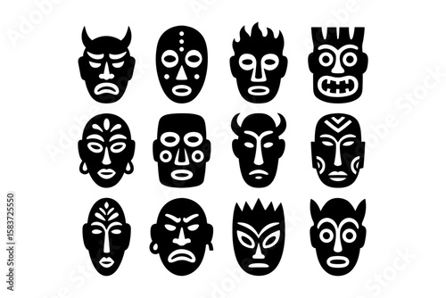 Tribal face mask collection in black and white silhouette style