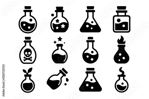 Set of magical potion and chemistry bottle icons in solid style