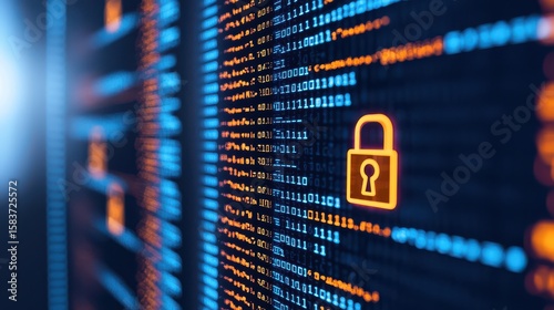 Digital data security concept with a glowing lock icon amidst lines of code representing encryption and cybersecurity protection.