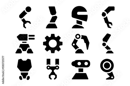 Robotic icons collection: black silhouette designs of futuristic technology