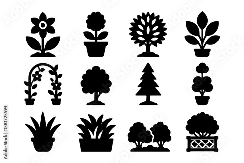 Collection of black silhouette garden plants and trees