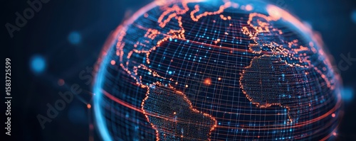 Digital globe with glowing network connections highlights global data flow and technological connectivity across continents.