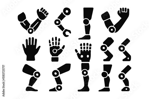 Silhouette of mechanical robotic limbs and joints in various poses