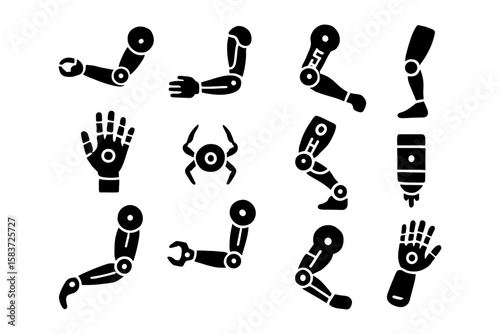 Silhouette robotic limbs set: arms, legs, hands, mechanical parts collection