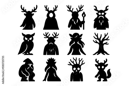 Mythical creature silhouettes: fantasy icons of beasts, trees, and mystical figures