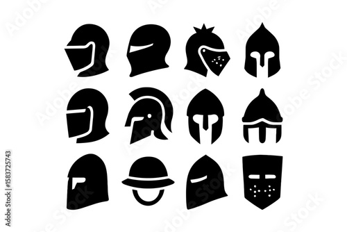 Collection of medieval knight helmets in silhouette style
