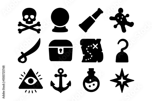 Pirate icons set: skulls, treasures, and adventure symbols in bold silhouette style